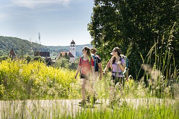 Wanderer auf dem Altmühltal-Panoramaweg bei Dollnstein Drei Wanderer mit sommerlicher Kleidung sind auf dem Altmühltal-Panoramaweg unterwegs. Die zwei Frauen im Vordergrund tragen rot und lila Shirt, dahinter wandert ein Mann im dunklen Shirt. Der Wanderweg wird von grünem Gras gesäumt. Links erhascht man einen Blick auf Dollnstein und seine Kirche. Rechts ragt ein großer Baum hoch.