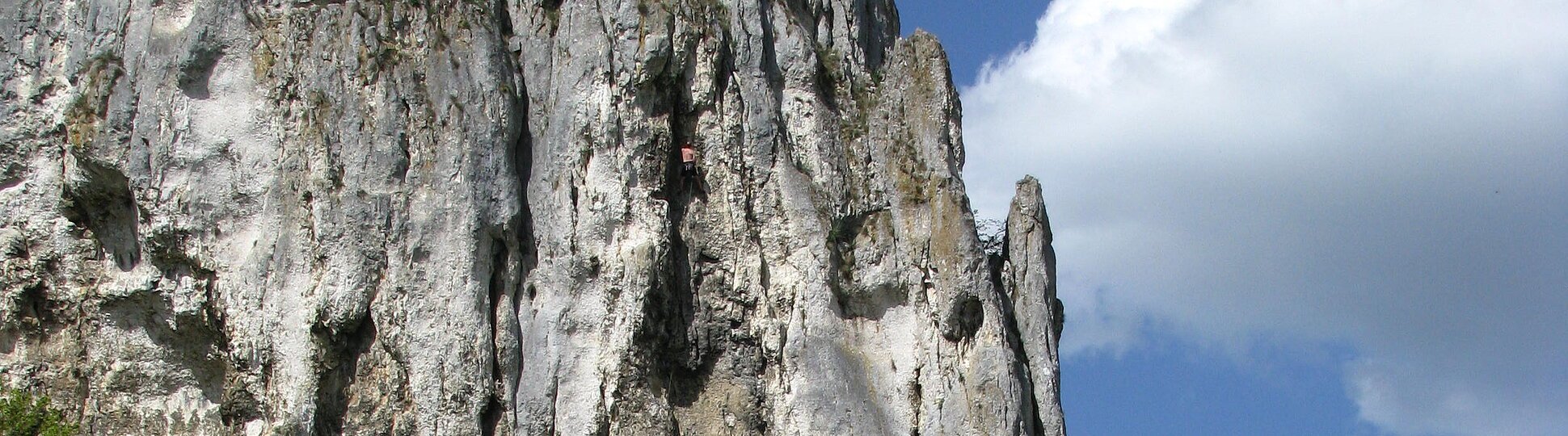 Felsformation mit steiler weiß-grauer Oberfläche, davor Wiese, Bäume und Verkehrsschilder bei blauem Himmel.