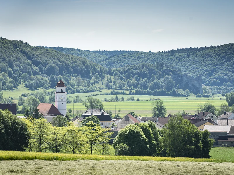 Landschaft mit Dorf, Kirchturm und bewaldeten Hügeln im Hintergrund.