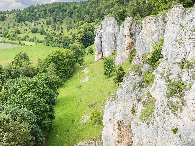 Auf dem Altmühltal-Panoramaweg bei Dollnstein Felsformationen und grüne Landschaft mit Bäumen und Wiesen im Vordergrund.