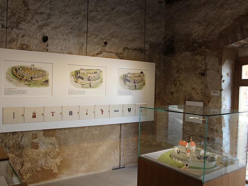 Ausstellungsraum mit historischen Burgzeichnungen und einem Modell in einer Glasvitrine.